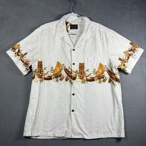 Hawaiian Reserve Collection Aloha Shirt Mens XL Cream Tiki Canoe 100% Cotton